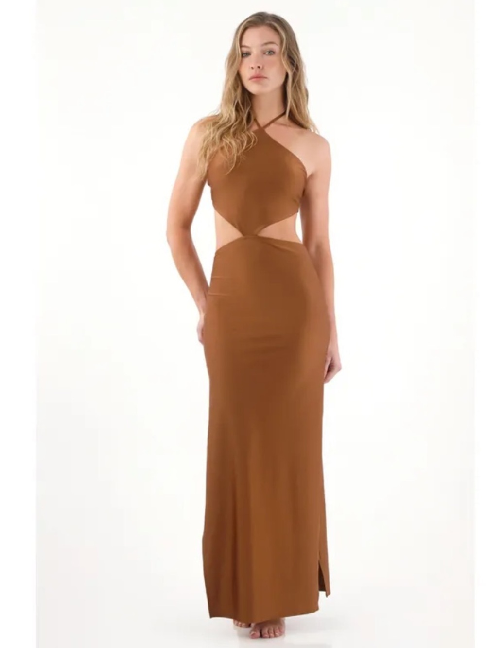 Sleek Brown Halter Cutout Maxi Dress